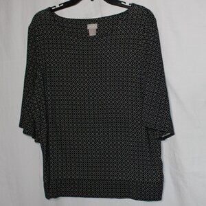 Chico’s Black Geometric Print Top Size 2 Stretch 3/4 Sleeve Blouse